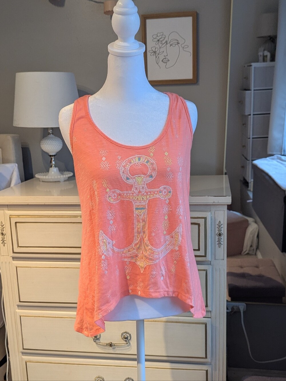 Coral Anchor Graphic Racerback Tank Top, High Low Hem, Lace Inlay, Tissue Weight